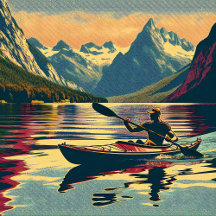 Man Kayaking with Mountains Reflecting in Lake
