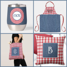 Plaid, Red & White Gingham    Blue Denim Print