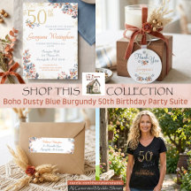 Boho Dusty Blue Burgundy 50th Birthday Party Suite