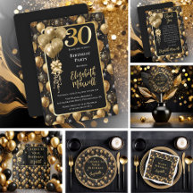 Elegant Black Gold Glitter 30th Birthday Party