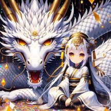 Anime Girl with her White and Gold Dragon 