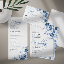 Elegant Script French Blue Floral Toile Wedding