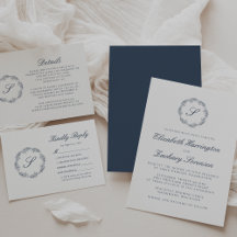Classic Indigo Blue Monogram Wreath Script Wedding