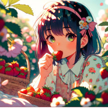 Anime Girl Eating Strawberries on a Summer Day