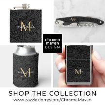 BAR   Elegant Black Floral Gold Monogram