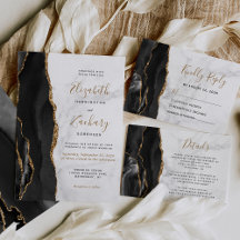 Black Gold Agate White Marble Script Wedding Suite