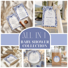 Vintage Toile Blue Bow Rocking Horse Baby Shower