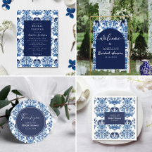 Blue chinoiserie Mediterranean tile Bridal shower 