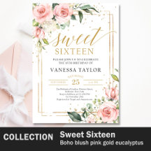 Sweet 16th Boho blush pink roses gold eucalyptus