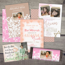 Pink, Mauve, Peach Floral Bat Mitzvah Invitations
