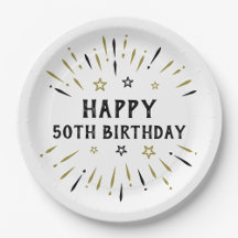 Happy 50th Birthday Fireworks White Black Gold