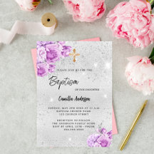 Baptism Christening - Silver pink violet flowers