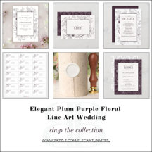 Elegant Plum Purple Floral Line Art Wedding