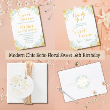 Modern Chic Boho Floral Sweet 16th Birthday
