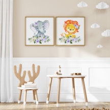 Safari Animals, Purple Flowers Nursery Prints