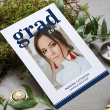 Photo Graduation Elegant Modern Script Blue White