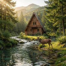 Log Cabin, Stream, Mountains and Deer Nature Art