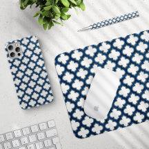White and Navy Blue Trellis Latticework Quatrefoil