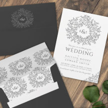 Charcoal gray wedding circle of leaves monogram