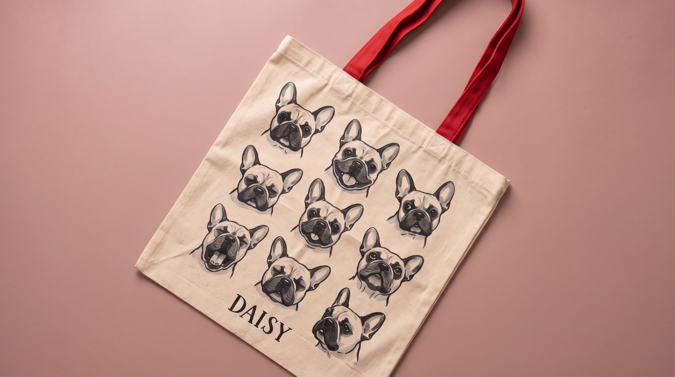 16:9 Angled Flatlay Tote: the personalized canvas tote bag with your pet's portrait