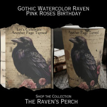 Gothic Watercolor Raven - Pink Roses Birthday