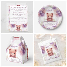 Baby Shower - Purple Teddy Bear and Flowers