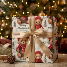 Child name Christmas Teddy Bear Wrapping Paper 