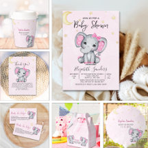 Cute Watercolor Elephant Baby Shower Girl Pink