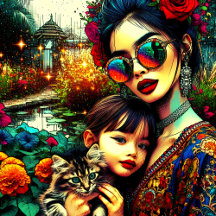 Beautiful Mom, Daughter and Cat in Asian Garden