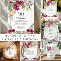 Burgundy Pink Floral 90th Birthday
