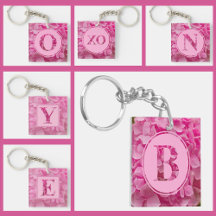 Monogrammed Pink Floral Hydrangea Keychains