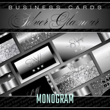 Business Cards Monogram Silver Luxe Glam Glitter
