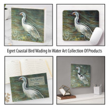 Egret Coastal Bird Wading In Water Art