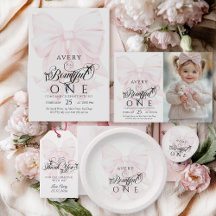 Bowtiiful One 1st Birthday Pink Bow Girls Invitati