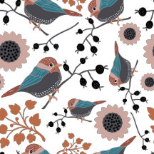 Chickadee Floral Pattern Blue Pink Rust