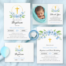 Blue florals and gold cross boy Baptism collection