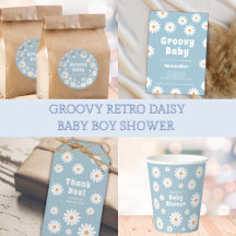 Groovy Retro Daisy Baby Boy Shower Blue Daisies