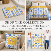 Blue Tile French Lemon Pattern Monogram Home Decor