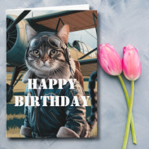 Funny Cat Pilot Adult & Kids Birthday Cards & Gift