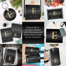 Elegant Black Brushed Metal Gold Monogram Script