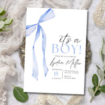 Blue Bow Baby Shower Invitation, Boy Baby Shower 