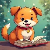 A little dog is reading a book.