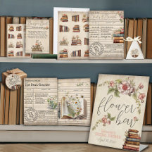Vintage Floral Books Library Card Bridal Shower