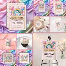Gold Glitter Pastel Hearts and Rainbow Baby Shower
