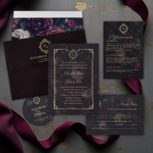 Moody Dark Victorian Crest Peony Wedding Suite