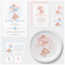 Watercolor Teddy Bear with Balloons Baby Shower