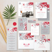 GREY & RED BAMBOO LEAVES   ASIAN CHINESE WEDDING