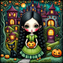 Gothic Girl and Black Cat Whimsical Halloween