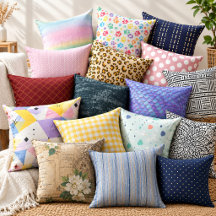 A collection of assorted cushions with various