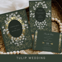 White Blossoms & Forest Greens Art Nouveau